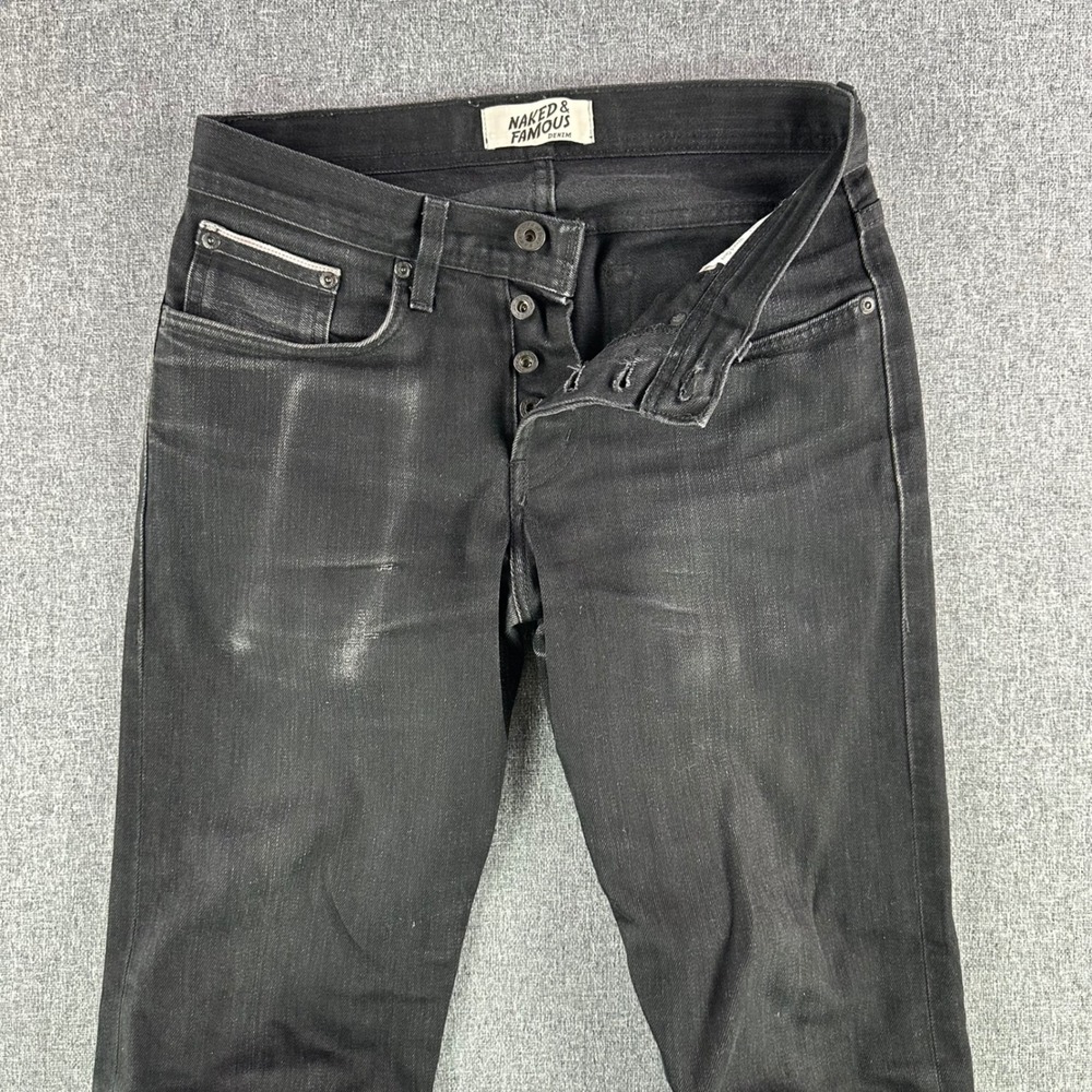 Naked & Famous Jeans Mens 28 Weird Guy Black Cobra Stretch Selvedge Button Fly - Picture 3 of 12